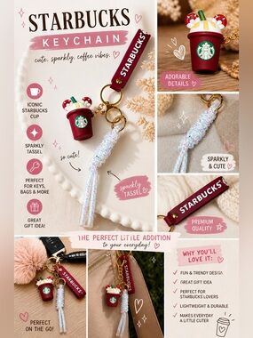 Starbucks Keychain Red Cup Charm Sparkly Tassel Bag Charm Cute Gift NWT